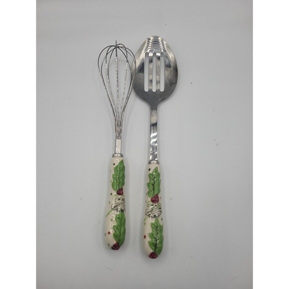 Temptations Tara Winter Whimsy Holly Ceramic Handle Stainless Whisk & Spoon - Picture 1 of 5